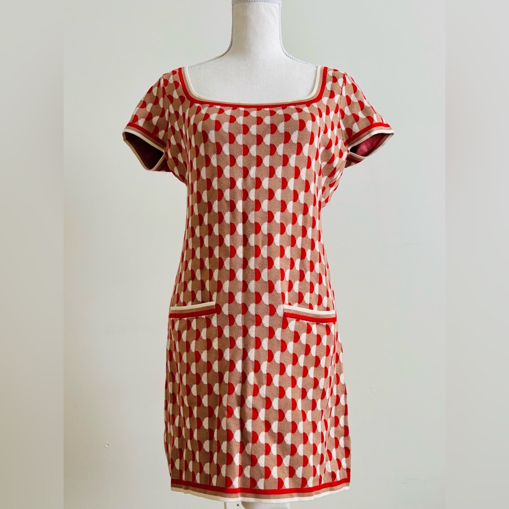 Anthropologie Red and Beige Geometric Knit Dress